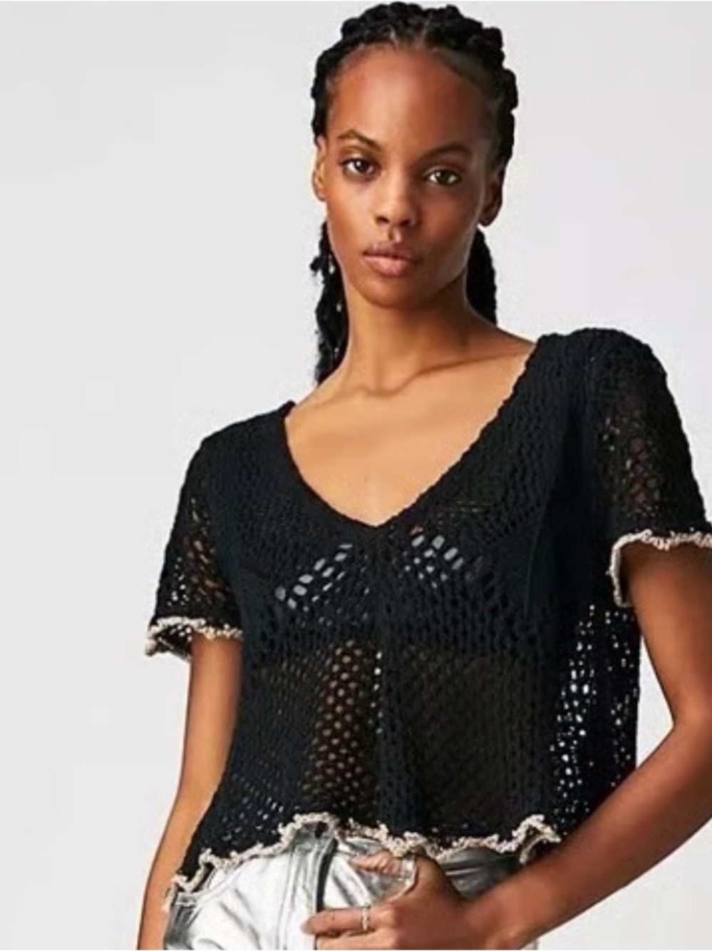 Free People Black Open-Knit V-Neck Crochet Top